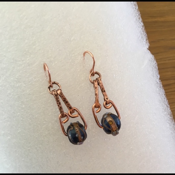 Blue Pressed Glass, Solid Copper Pendant Earrings - Picture 2 of 8